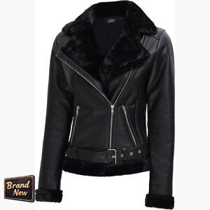 Women's Lambskin Leather Sherpa Jacket Asymmetrical Zipper Standard Length